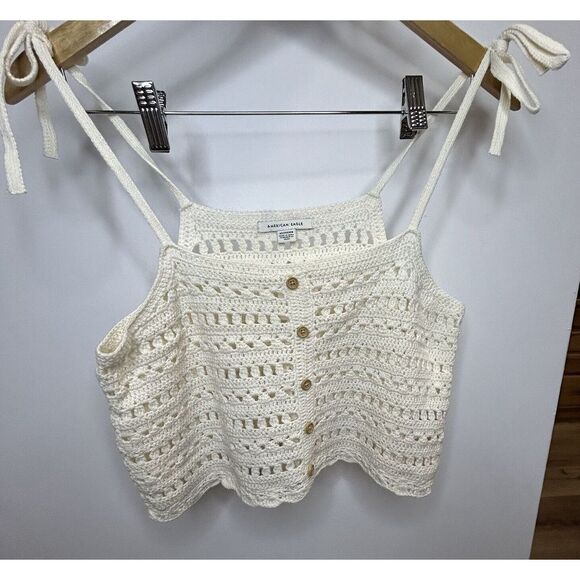 American Eagle Outfitters Tops - American Eagle Outfitters Crochet Tank Top Crop Y2K Beige Medium Boho Size Xs
